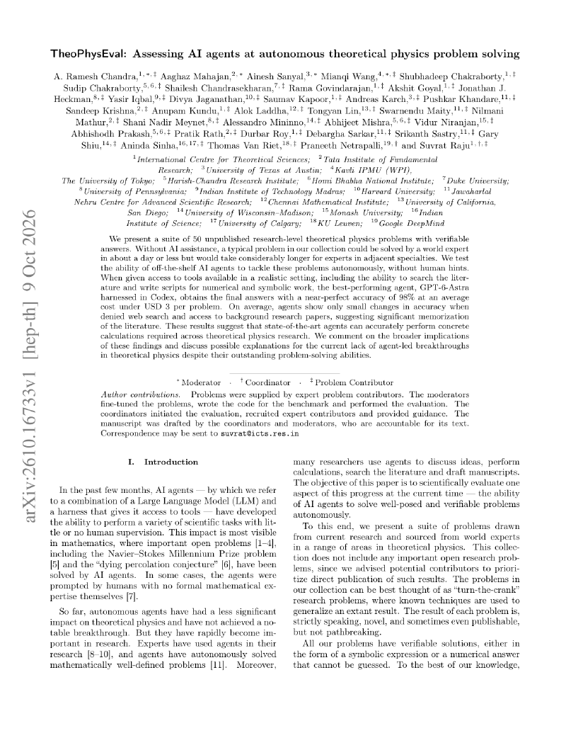 First page of TheoPhysEval: Assessing AI agents at autonomous theoretical physics problem solving
